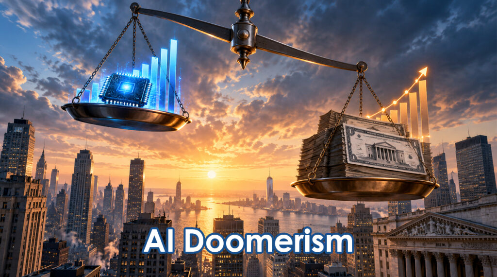 Balance scale over a sunset cityscape; AI chip and rising graphs on one side, cash on the other, captioned 'AI Doomerism'.
