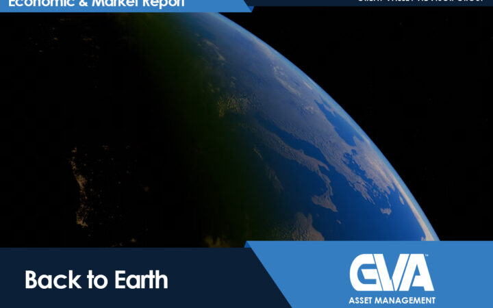 Earth viewed from space with a blue 'Economic & Market Report' banner and 'Back to Earth' title for GVA Asset Management.