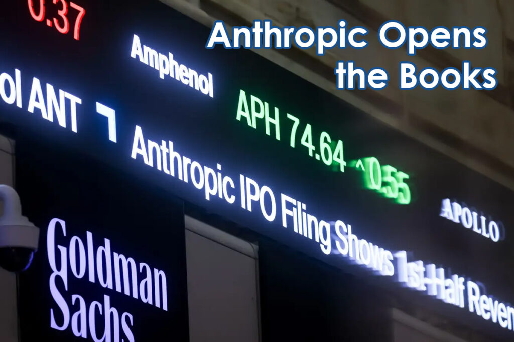 Stock market ticker board featuring the headline 'Anthropic Opens the Books' with company names like Goldman Sachs and Apollo and a green APH 74.64 display indicating stock data.