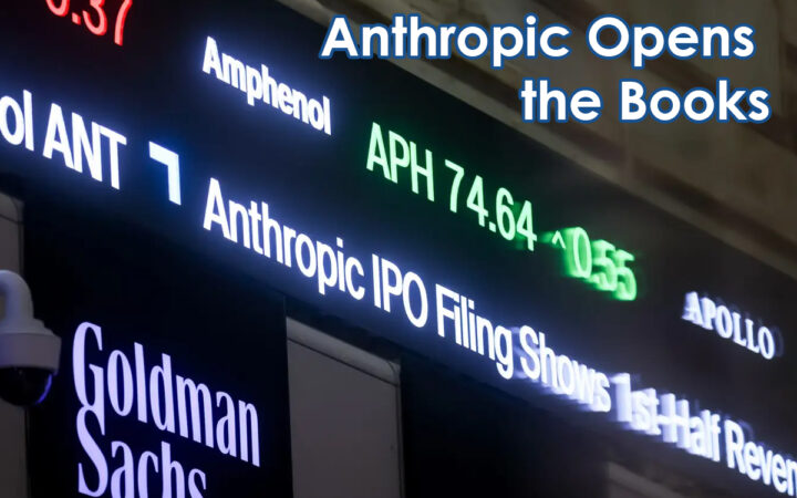 Stock market ticker board featuring the headline 'Anthropic Opens the Books' with company names like Goldman Sachs and Apollo and a green APH 74.64 display indicating stock data.