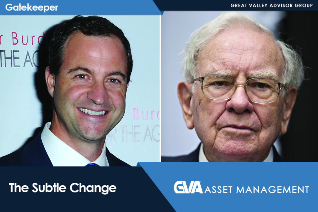 Split-screen: smiling man in a navy suit on the left, older man with glasses on the right; cover for 'The Subtle Change' with Gatekeeper and GVA Asset Management branding.
